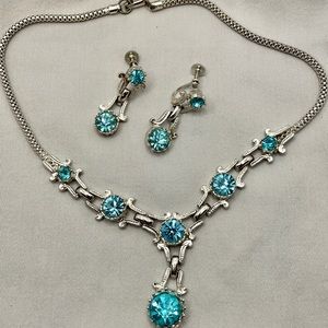 Vintage Glam Necklace & Earrings Blue Rivoli Rhinestones Set